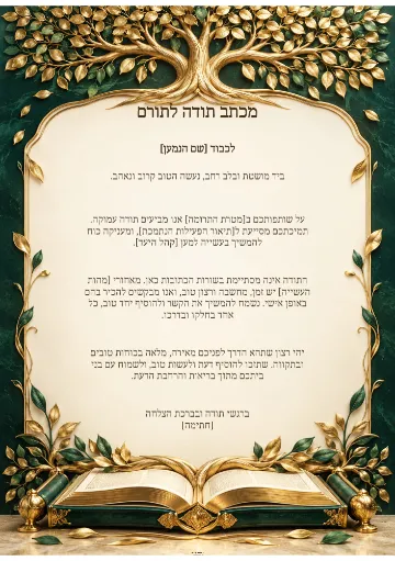 מכתב תודה לתורם — שערי עץ וזהב