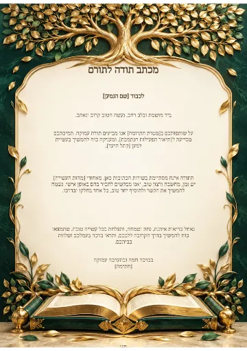 מכתב תודה לתורם — שערי ירושלים